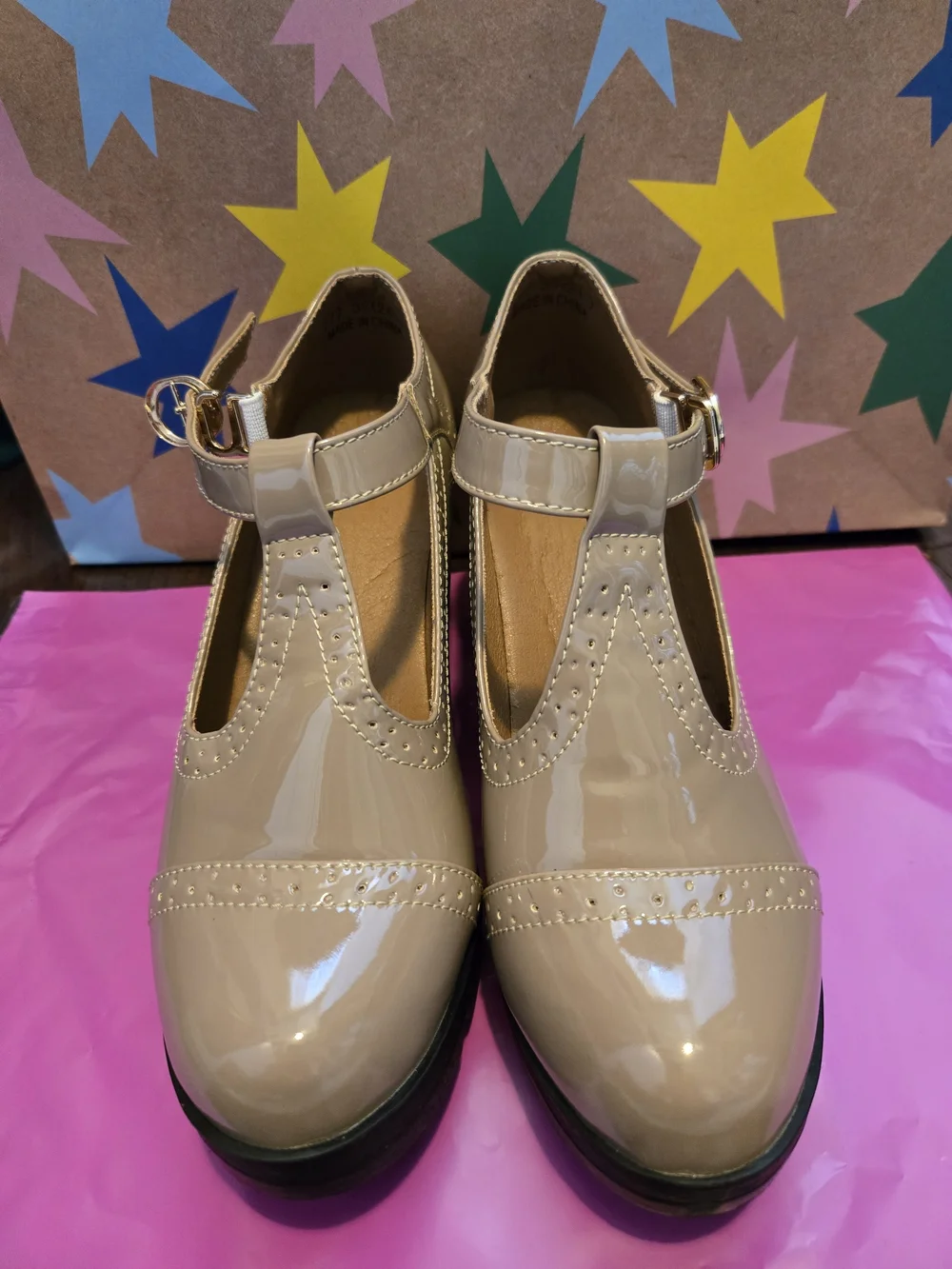 Patent Leather T-Strap Mary Jane Heels in Nude SizE 7